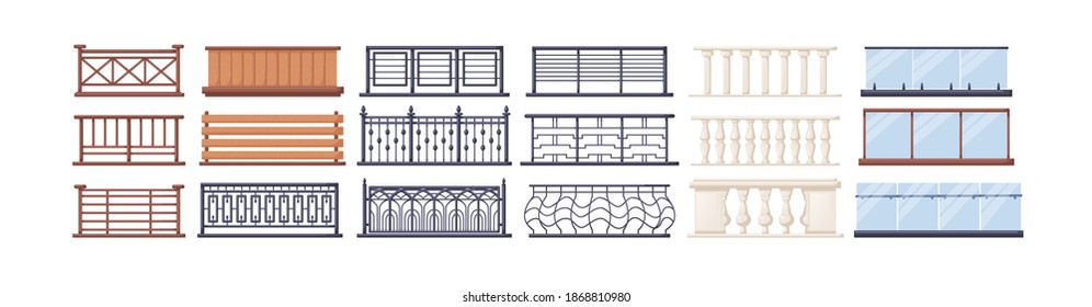 Set of balcony railing and terrace fencing from wood, stainless steel, iron, glass or plexiglass. Collection of architectural elements. Colorful flat vector illustration isolated on white background