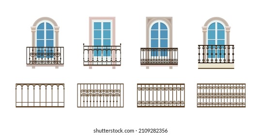 Set of balcony railing and terrace fencing from stainless steel, iron. Collection of architectural elements. vector illustration isolated on white background in flat style.