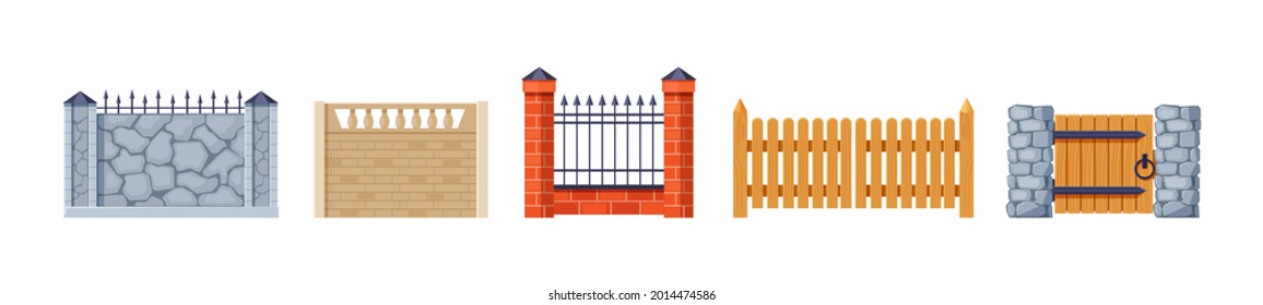 Set of balcony railing. Vintage modern home balconied facade or door entrance into private territory, terrace fences. Architecture exterior ornamental decor from wood, brick, steel, stone vector