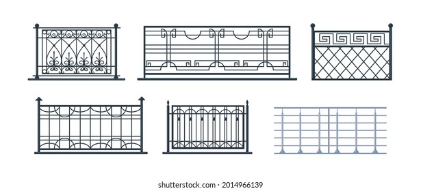 Set mit Balkongeländer. Vintage moderne Wohnung Balkon Fassade oder Türeingang in private Bereiche, Terrassenzäune. Stahl, schmiedeeiserner Bannerbalustrade für das Zaungebiet, Vektorgrafik