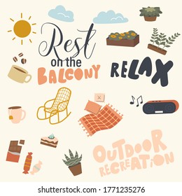 Set of Balcony Relax Things, Ornament for Cloth or Wrapping Paper. Blanket, Pillow and Rocking Chair, Decorative Potted Plants, Tea and Coffee Cups, Tape Recorder. Linear Vector Illustration, Icons