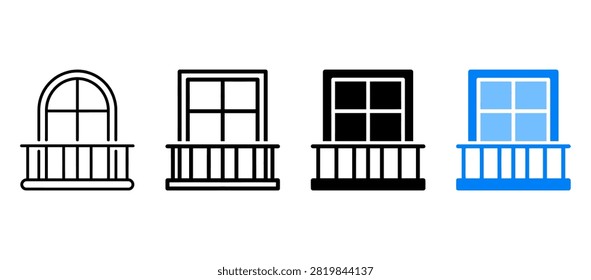Set of balcony window icons, different styles of architectural windows with railings, vector illustration