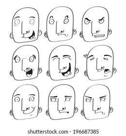 Set of bald heads with different expressions