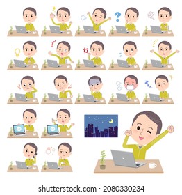 A set of bald Middle age man in sportswear on desk work.It's vector art so easy to edit.