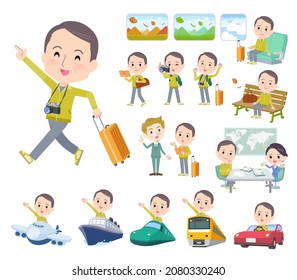 A set of bald Middle age man in sportswear on travel.It's vector art so easy to edit.