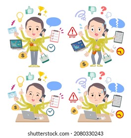 A set of bald Middle age man in sportswear who perform multitasking in the office.It's vector art so easy to edit.