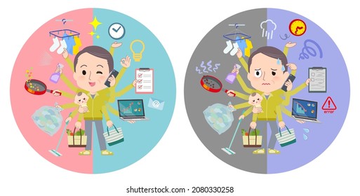 A set of bald Middle age man in sportswear who perform multitasking in offices and private.It's vector art so easy to edit.