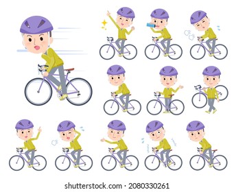 A set of bald Middle age man in sportswear on a road bike.It's vector art so easy to edit.