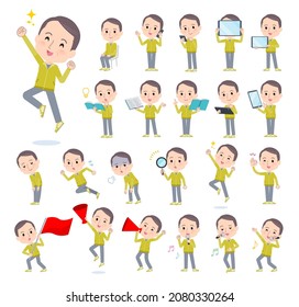 A set of bald Middle age man in sportswear with digital equipment such as smartphones.It's vector art so easy to edit.