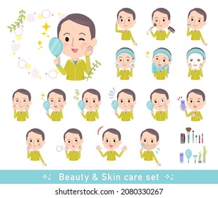 A set of bald Middle age man in sportswear on beauty.There are various actions such as skin care and makeup.It's vector art so easy to edit.