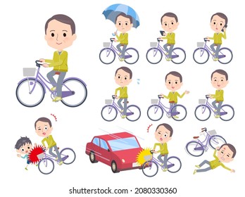 A set of bald Middle age man in sportswear riding a city cycle.It's vector art so easy to edit.