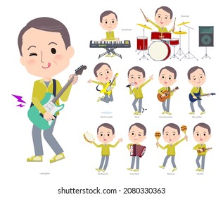 A set of bald Middle age man in sportswear playing rock 'n' roll and pop music.It's vector art so easy to edit.