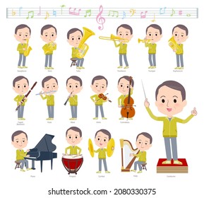 A set of bald Middle age man in sportswear on classical music performances.It's vector art so easy to edit.