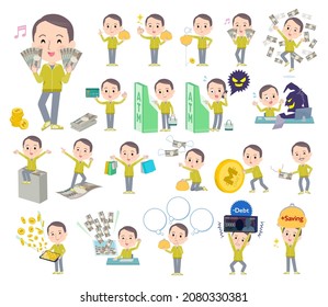 A set of bald Middle age man in sportswear with concerning money and economy.It's vector art so easy to edit.