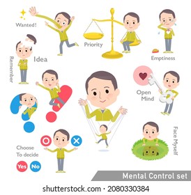 A set of bald Middle age man in sportswear with mental control.It's vector art so easy to edit.