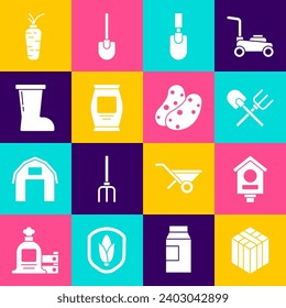 Set Bale of hay, Bird house, Shovel and rake, Garden trowel spade or shovel, Fertilizer bag, Waterproof rubber boot, Carrot and Potato icon. Vector