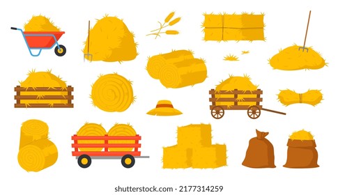 Set of bale of hay icons. Stickers with dry straw, hayloft, roll pile, wooden or metal wheelbarrow and pitchfork. Farming and agriculture. Cartoon flat vector collection isolated on white background