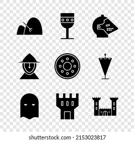 Set Bale of hay and rake, Medieval goblet, iron helmet, Executioner mask, Castle tower,  and Round wooden shield icon. Vector