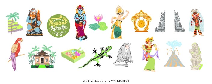 set of Bali Indonesia traditional symbols element, balinese flat design style vector illustration collection