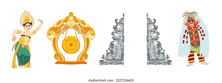 conjunto de símbolos bali bailarina balinesa, gong, puerta del templo, ilustración vectorial