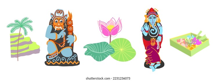 set of Bali symbols - rice terraces, lotus flower, barong, ganesh and traditional offerings, flat design vector illustration