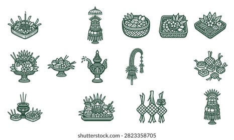 Set of Balinese Hindu ritual offering icons featuring canang sari flower baskets, gebogan fruit towers, penjor bamboo poles, ornate kendi water vessels, incense, and traditional ketupat rice.