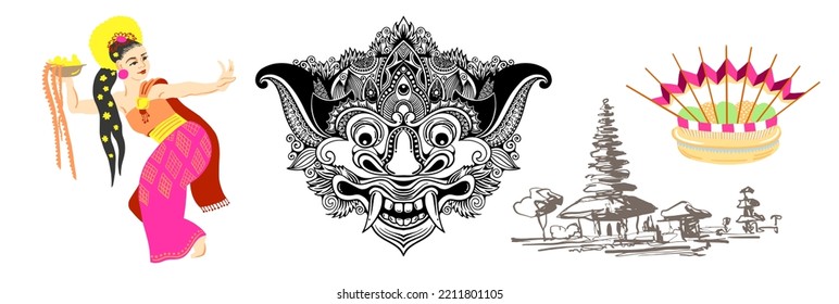 Set of Balinese symbols - barong, dancer, pagoda and offerings.