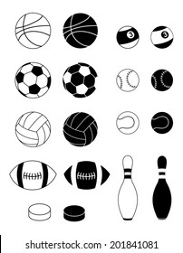 Set of ball for diferent sport games and sport equipment. black and white, vector art image illustration, isolated on white background. silhoutte and outline design