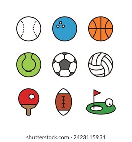 A set of ball icons for each type of sport in a minimalist, simple, and flat style. Soccer, volleyball, baseball, tennis, basketball, bowling, table tennis, rugby, golf.