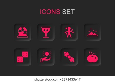 Ponga la bola levitando sobre la mano, goblet medieval, bola mágica, corbata de vaca, polvo, manzana venenosa, muñeca vudú y icono de dados de juego. Vector