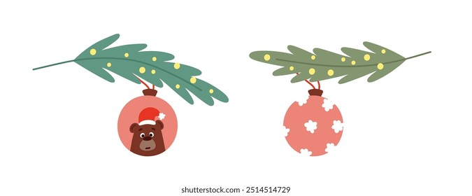 Coloca a Ball en una rama. Felices Navidades y Feliz Año Nuevo. Ilustración de invierno para el Anuncio, cartel, cubierta. Vector