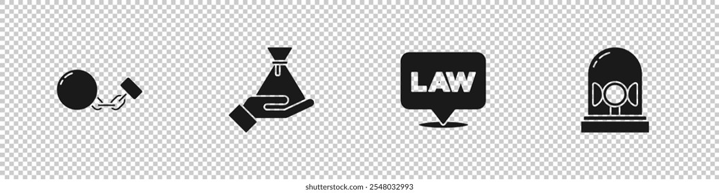 Set Bola en la cadena, bolso del dinero del soborno, ley de la Locación e icono de sirena Flasher. Vector