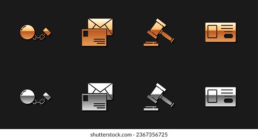 Ponga la bola en la cadena, sobre, martillo de Juez e icono de identificación. Vector