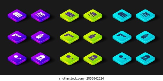 Set Ball on chain, Flasher siren, Pistol or gun, Judge, Law pillar and Identification badge icon. Vector