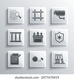 Set Ball on chain, Office folders, Police badge, Jurors, Document and pen, Prison window, Fingerprint and Security camera icon. Vector