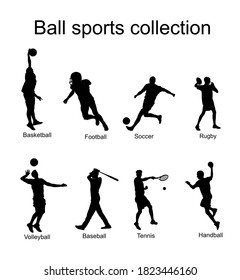 Set of ball sport discipline players with ball vector silhouette illustration isolated. Sports man shape. Sportsman action shadow. Basketball Football Soccer Rugby Volleyball Baseball Tennis Handball.