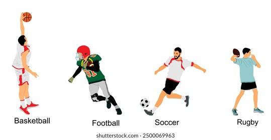 Set of ball sport discipline players with ball vector illustration isolated. Sports man in attractive move pose hit the ball. Sportsman action. Basketball Football Soccer Rugby. Athlete man movement. 