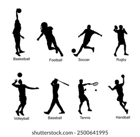 Set of ball sport discipline players with ball vector silhouette illustration isolated. Sports man shape. Sportsman action shadow. Basketball Football Soccer Rugby Volleyball Baseball Tennis Handball.