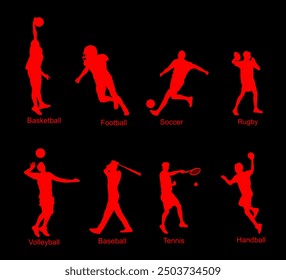 Set of ball sport discipline players with ball vector silhouette illustration isolated. Sports man shape. Sportsman action shadow. Basketball Football Soccer Rugby Volleyball Baseball Tennis Handball.