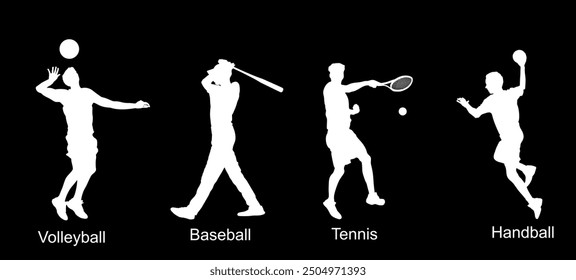 Set of ball sport discipline players with ball vector silhouette illustration isolated. Sports man shape. Sportsman action shadow. Volleyball Baseball Tennis Handball. Athlete boy attractive movement.