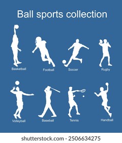 Set of ball sport discipline players with ball vector silhouette illustration isolated. Sports man shape. Sportsman action shadow. Basketball Football Soccer Rugby Volleyball Baseball Tennis Handball.