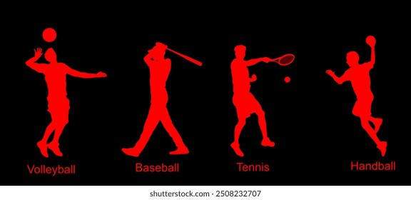 Set of ball sport discipline players with ball vector silhouette illustration isolated. Sports man shape. Sportsman action shadow. Volleyball Baseball Tennis Handball. Athlete boy attractive movement.