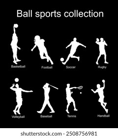 Set of ball sport discipline players with ball vector silhouette illustration isolated. Sports man shape. Sportsman action shadow. Basketball Football Soccer Rugby Volleyball Baseball Tennis Handball.