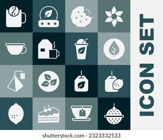 Set Ball tea strainer, Tea bag with lemon, leaf, Cookie or biscuit, Cup of milk, time and  icon. Vector