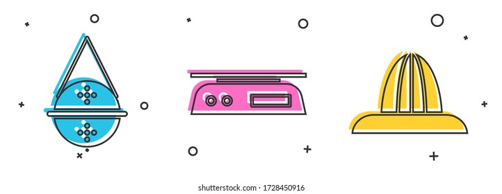 Set Ball tea strainer, Electronic scales and Citrus fruit juicer icon. Vector