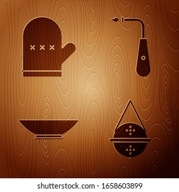 Ponga un filtro de té de bolas, guante de horno, bol y encendedor eléctrico Long sobre fondo de madera. Vector