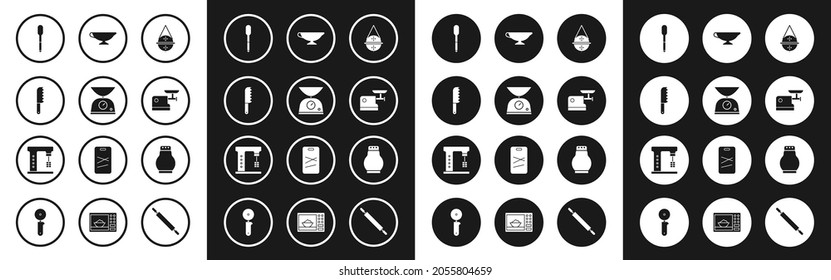 Set Ball tea strainer, Scales, Bread knife, Spoon, Kitchen meat grinder, Sauce boat, Salt and pepper and Electric mixer icon. Vector