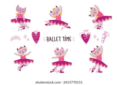 Gatos bailarines con vestido rosa, zapatos de punta con arco, corona encima. Elementos del corazón. Camiones de ballet con gatitos.