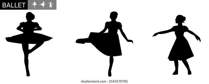 Set of ballerina dancer silhouettes isolated on white background. Vector woman ballet dancer.