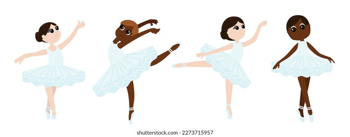 Set of a ballerina dancer in tutus and pointe shoes. The girl's children imitate ballet movements and look happy. Illustration for dance schools, illustrations in books.